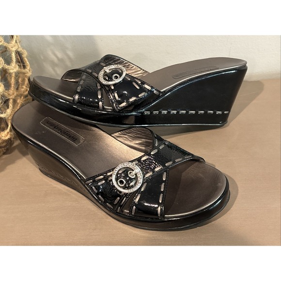 Brighton Music Black Patent Wedge Buckle Strich Heels Open Toes‎ Shoes Slide 8.5 - Picture 1 of 6